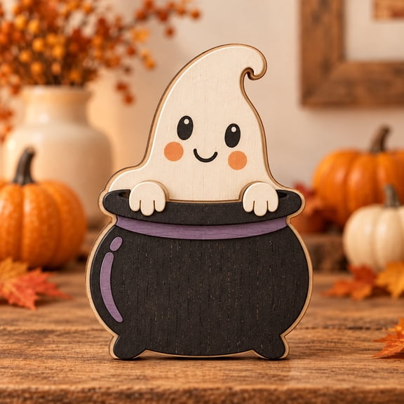 Plaque, 3-Layer Halloween Cauldron Ghost, Self-Standing Wood Shelf Accent for Party Hosts