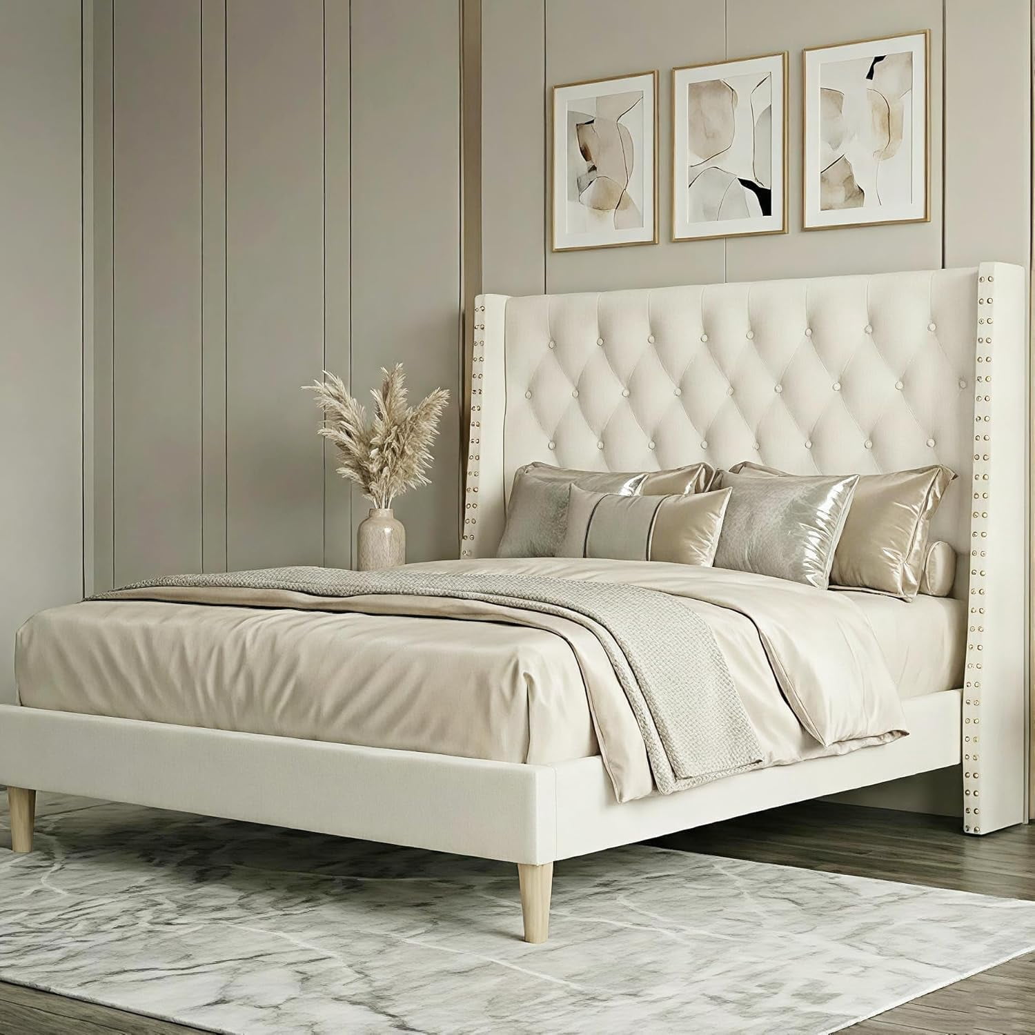 Queen Size White Velvet Upholstered Platform Bed Frame with 47.6" Tall Wingback Tufted Headboard & High Footboard, Gold Nailhead Trim, 1000lbs Heavy Duty Support, No Box Spring Needed