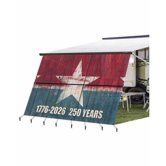 4th of July RV Awning Sun Shade Screen 9'X15.3' 250 Years America Mesh Sunscreen Patriotic Star Retro Wood Grain Awning Shade Screen with Zipper UV Blocker Completed Kits for RV Motorhome Camper