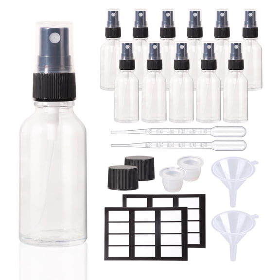 Empty Clear Glass Spray Bottles 12 Pack, 1oz Refillable Squirt Bottle for Cleaning Solutions - Essential Oil Spray Bottle