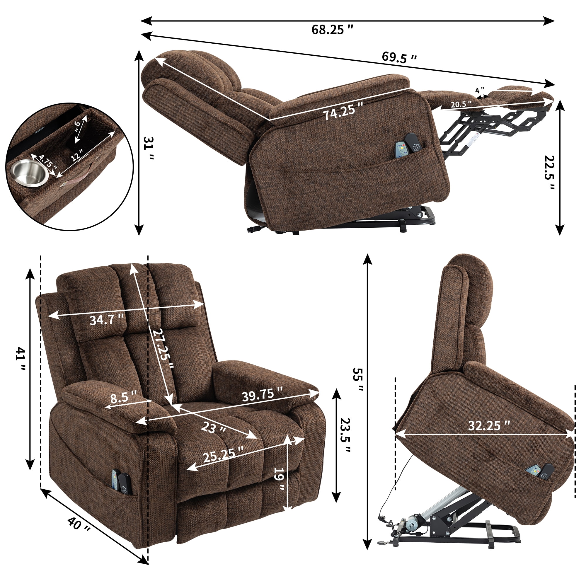 LITVZ Oversized Lifting Recliners for Seniors, Extended Footrest, Big and Tall Recliners 400 lbs Lay Flat Recliner with Heat & Massage Side Storage Cup Holder for Elderly Relaxing