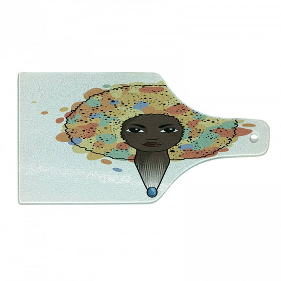 Funky Cutting Board, Portrait of a Woman with Luxuriant Hair in the Style of an Colorful Print, Decorative Tempered Glass Cutting and Serving Board, Wine Bottle Shape, Multicolor, by Ambesonne
