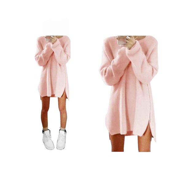 Vestido de suéter de manga larga con cuello redondo para mujer Vestido de punto suelto con cremallera lateral y dobladillo alto y bajo sidaley FS6503-06