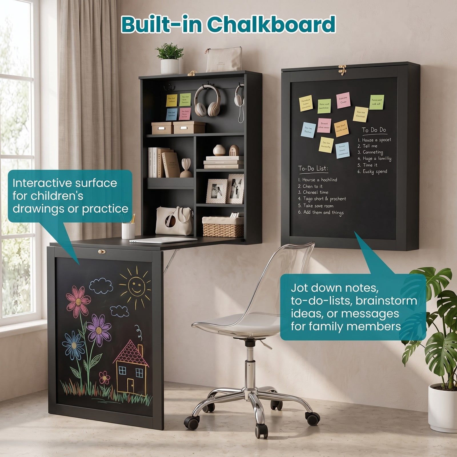 Furnibear Convertible Wall Mounted Folding Desk with Chalkboard, Space Saving Fold Down Wall Table with 6 Storage Cubes and 3 Hooks for Home Office Study, Black
