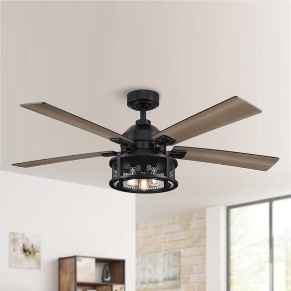 Parrot Uncle 52-Inch Black Industrial Ceiling Fans with Lights and Remote Caged Indoor Ceiling Fan for Bedroom