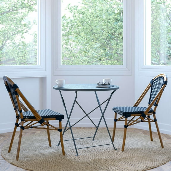 Merrick Lane Set of Two Stacking French Bistro Chairs with Navy and White PE Seats and Back and Bamboo Finished Aluminum Frames for Indoor/Outdoor Use