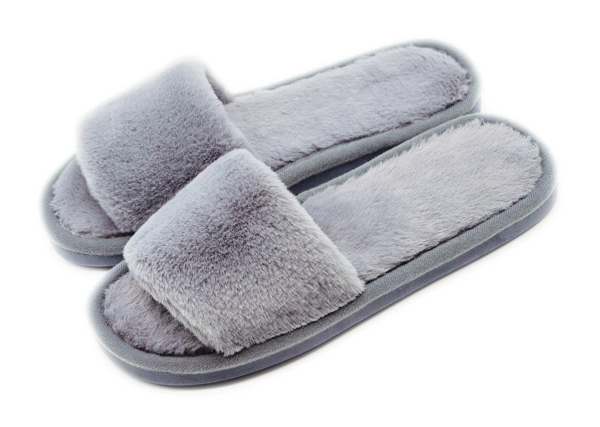 Crazy Lady Women's Fuzzy Fluffy Furry Fur Slippers Flip Flop Open Toe Cozy House Memory Foam Sandals Slides Soft Flat Comfy Anti-Slip Spa Indoor Outdoor Slip on