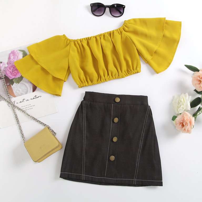 Fall Outfits  Yellow Aesthetic Ruffles Crop Top High Waist Skirt