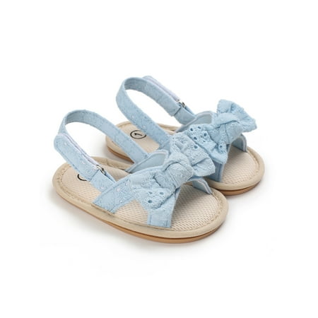 

Ritualay Baby Girls Crib Shoes Magic Tape Flat Sandal Bowknot Strappy Sandals Casual Comfort Summer Flats Dress Wedding Soft Sole Princess Shoe Blue 18-24 months