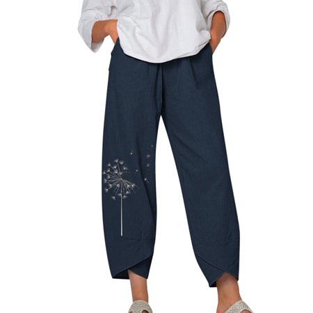

ZIZOCWA Summer Wide Leg Pants for Women Women s Long Cotton And Irregular Shrink Waist Dandelion Print Casual Pants Comfortable Maternity Pants for Women Casual Women Petite Pants Casual Flare Leggi