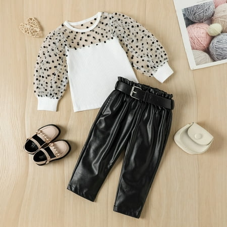 

Toddler Kids Baby Girls Tulle Long Puff Sleeve Ribbed T Shirt Tops PU Leather Pants With Belt Outfits Set
