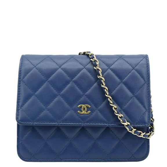 Pre-Owned CHANEL Square Wallet On Chain Quilted Leather Crossbody Bag Blue