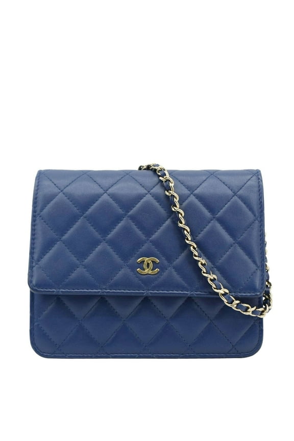Pre-Owned CHANEL Square Wallet On Chain Quilted Leather Crossbody Bag Blue