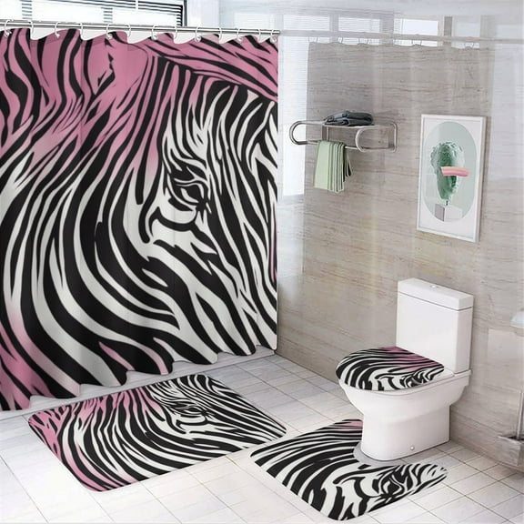 Pink Zebra Pattern 4 Pcs Bathroom Shower Curtain Set, Bathroom Sets with Rugs (Bath Mat, U Shape and Toilet Lid Cover Mat) and 12 Hooks,