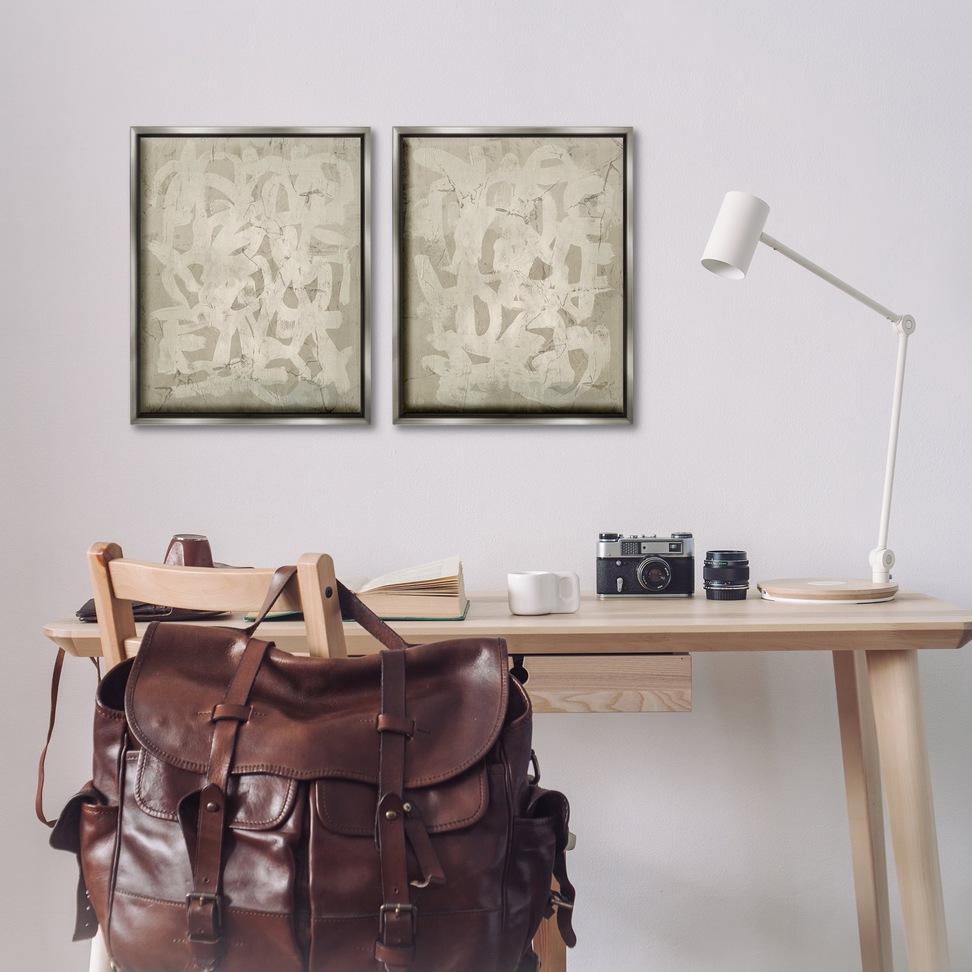 Stupell Industries Beige Neutral Brutalist Style Abstract Painting Gray Floater Framed Canvas Art Print Wall Art, 17 x 21, Set of 2