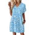 thumbnail image 5 of LWavelet Women's V-Neck Roll-Up Cuff Tunic Dress Abstract Floral Print with Pockets for Casual Daily Beach Use Blue S, 5 of 6