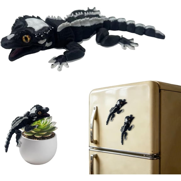 3D Printed Magnetic Gecko Fridge Magnets, Cool Articulated Animal with Movable Joints, Cute Frog Decoration for Kitchen Office Car Homedecor, Black (16cm)