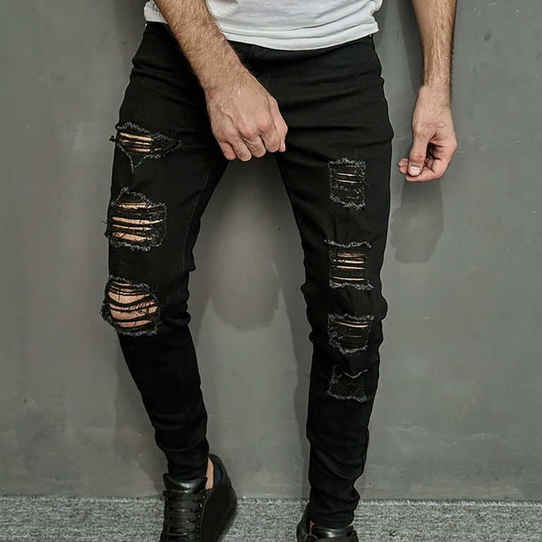 RYRJJ Men's Slim Fit Stretch Jeans Ripped Skinny Jeans for Men Distressed  Straight Leg Fashion Streetwear Comfort Denim Pants(Black,XL)