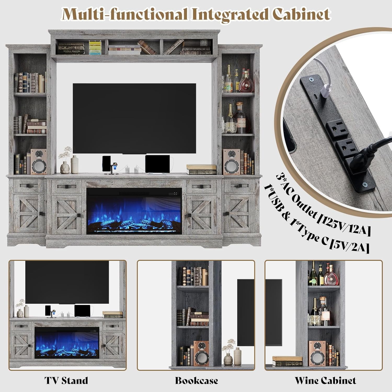 Merluxy Farmhouse TV Stand with Fireplace,Power Outlets,Bookshelves & Wine Cabinet for 78" TVs,Grey