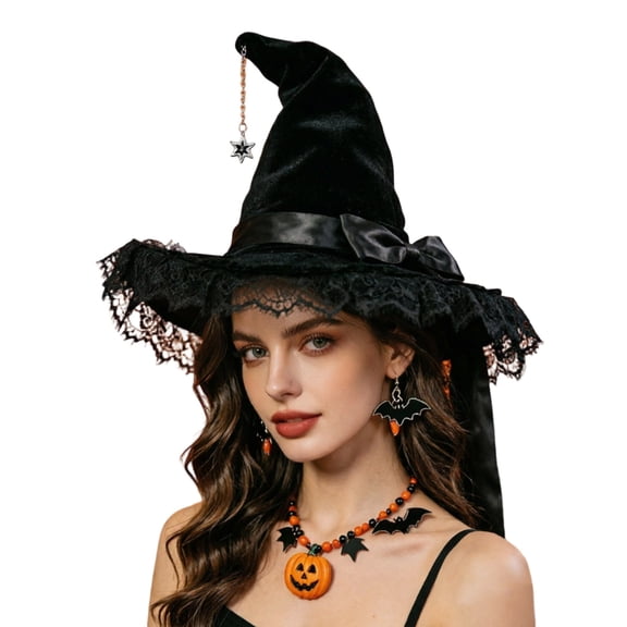 BRICH Witch Hat for Women Halloween Party Accessories Wizard Hats with Wide Brim Lace Trim Black One Size