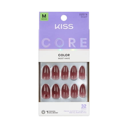 KISS CORE Color Press On Nails Almond, ‘Pinot Noir’, Burgandy, Medium, 32 Count