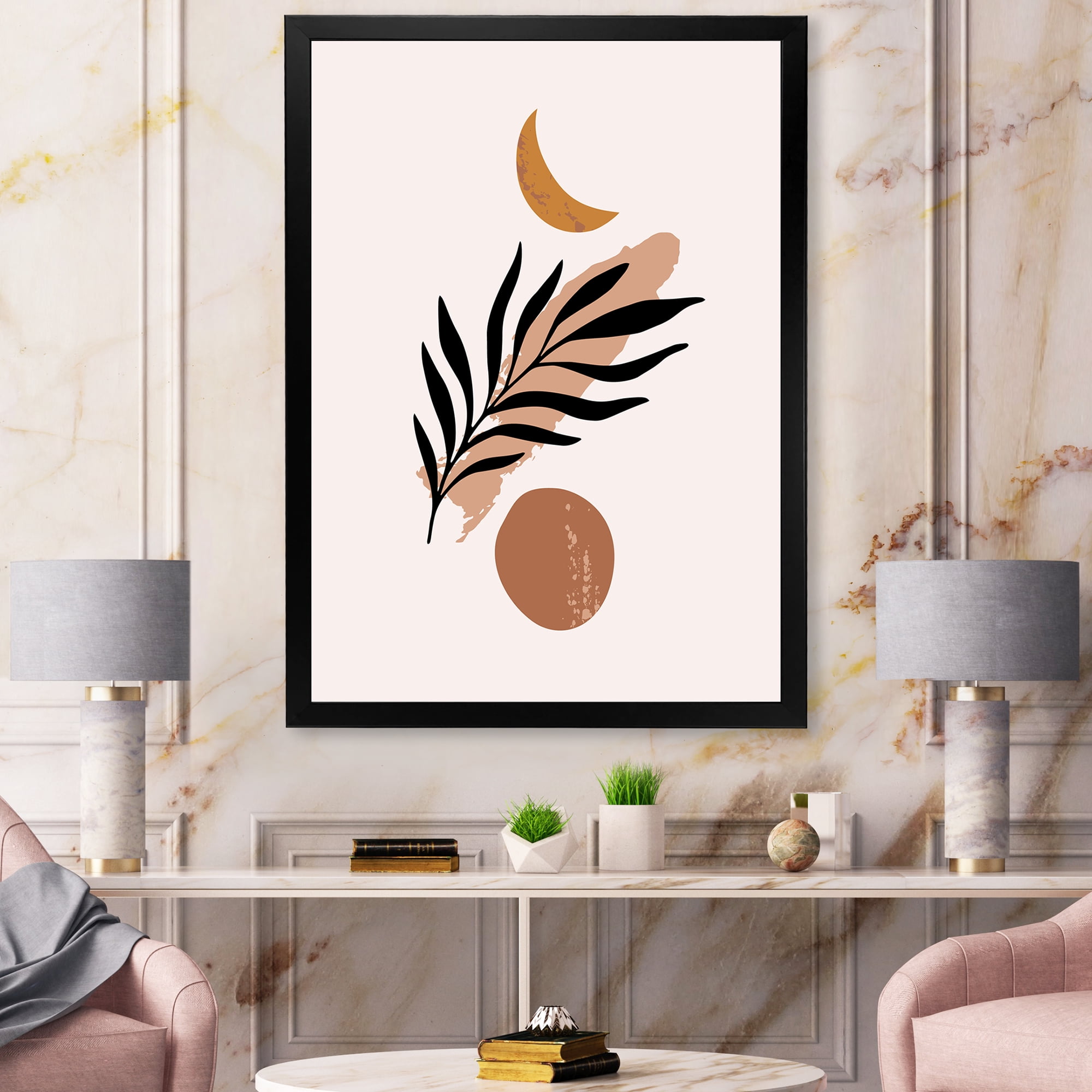 Designart 'Abstact Tropical Palm Leaf, Minimal Sun And Moon I' Modern Framed Art Print