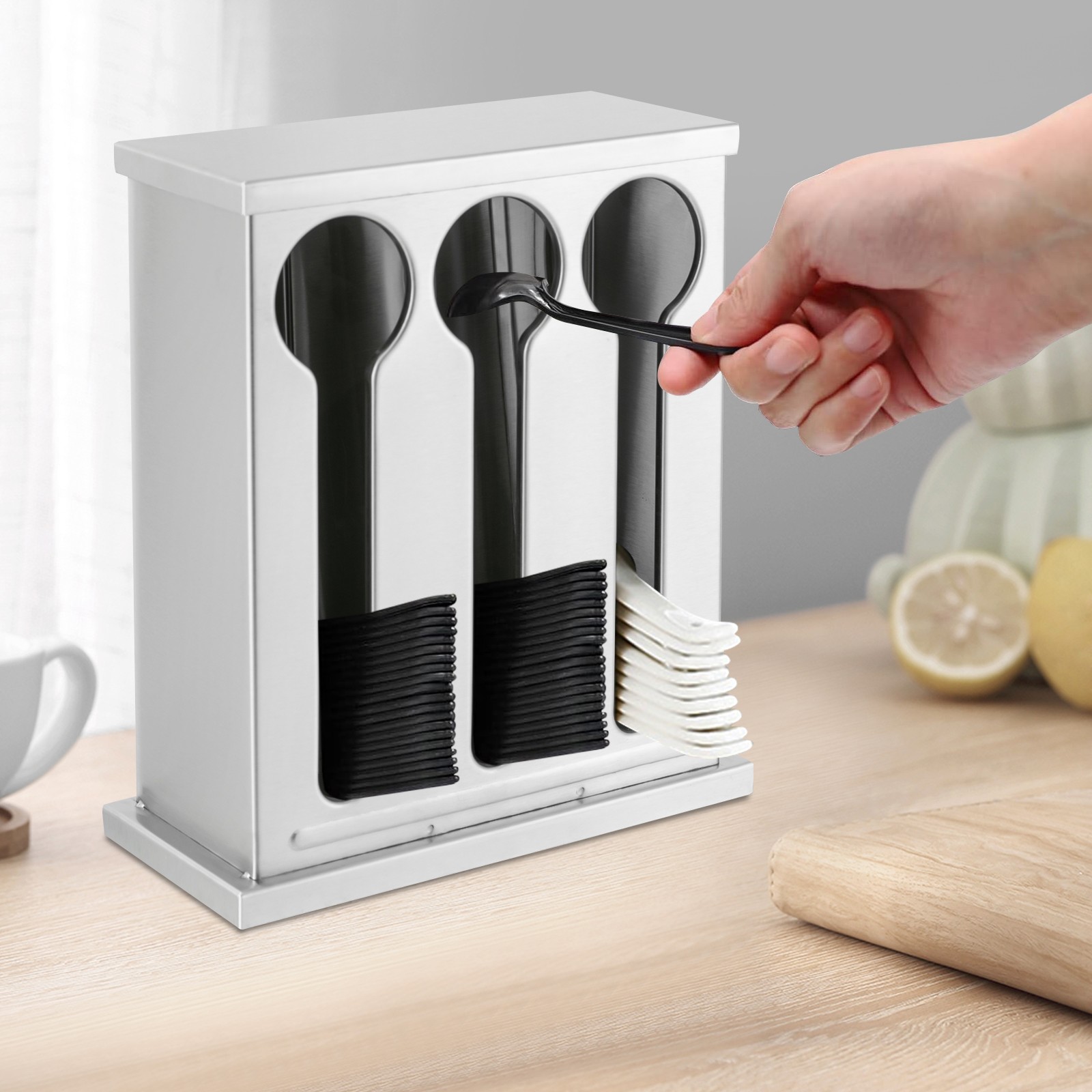 3 Compartment Utensil Dispenser Stainless Caddy Cutlery Organizer, Flatware Holder Silverware Organizer, Forks Spoons Knives Dispenser for Restaurant Party Buffet Dinner Table Kitchen Countertop