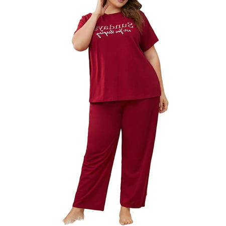 

Casual Round Neck Pant Sets Short Sleeve Burgundy Plus Size Pajama Sets (Women s)