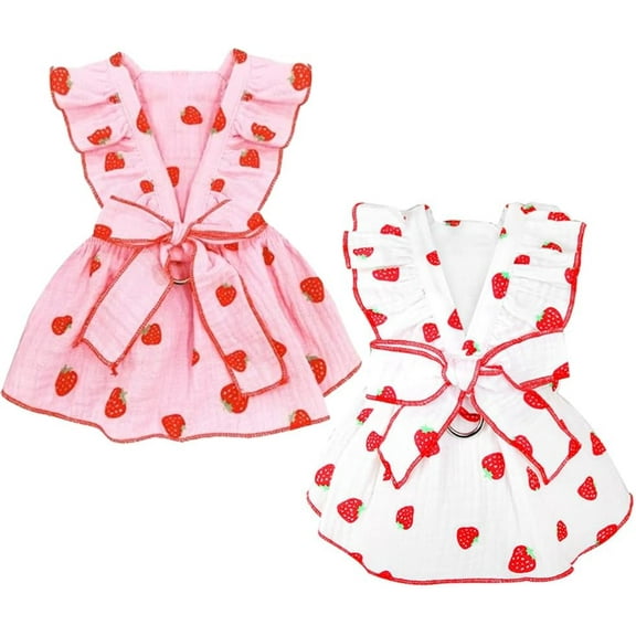 2 Pack Strawberry Dog dresses with D-ring Summer Puppy Clothes for Small Dog Girl Spring Cat Outfit Cotton Sleeveless Pet Dress for Kitten Chihuahua Pomeranian Yorkie