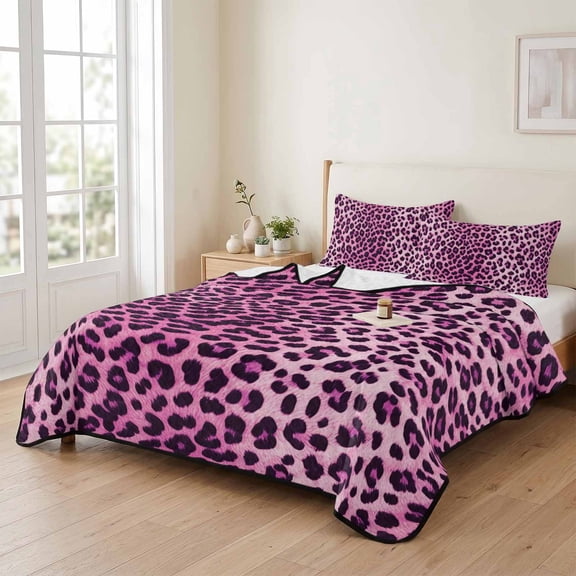 Country Leopard Texture 3 Pieces Quilt Set,1 Quilt with 2 Shams,Farmhouse Pink Animal Print Printed Bedspread Soft Lightweight Bedding Coverlet Comforter Set for All Season 90"x96"