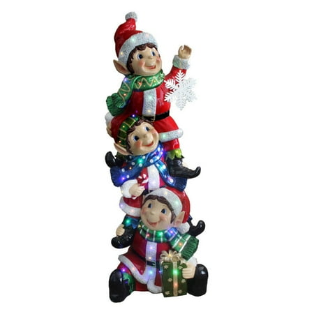 National Tree 59" Stacking Elves Holding Snowflake with Glossy and Metallic Finish, Multi Color LED Lights, Indoor/Outdoor