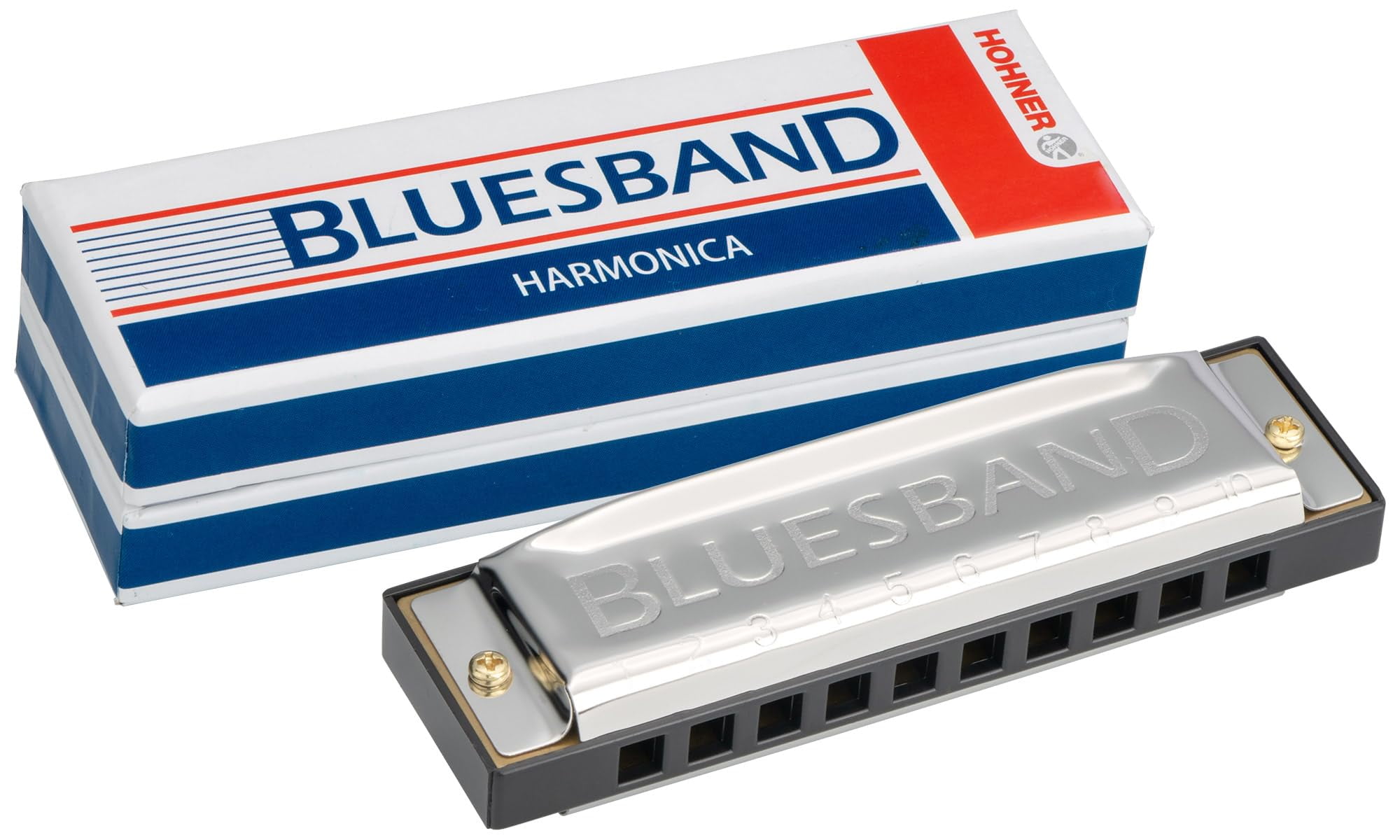 Hohner Blues Band Harmonica - Keys of G, C, A Bundle with Case, Pouch, Online Manual, and Austin Bazaar Polishing Cloth