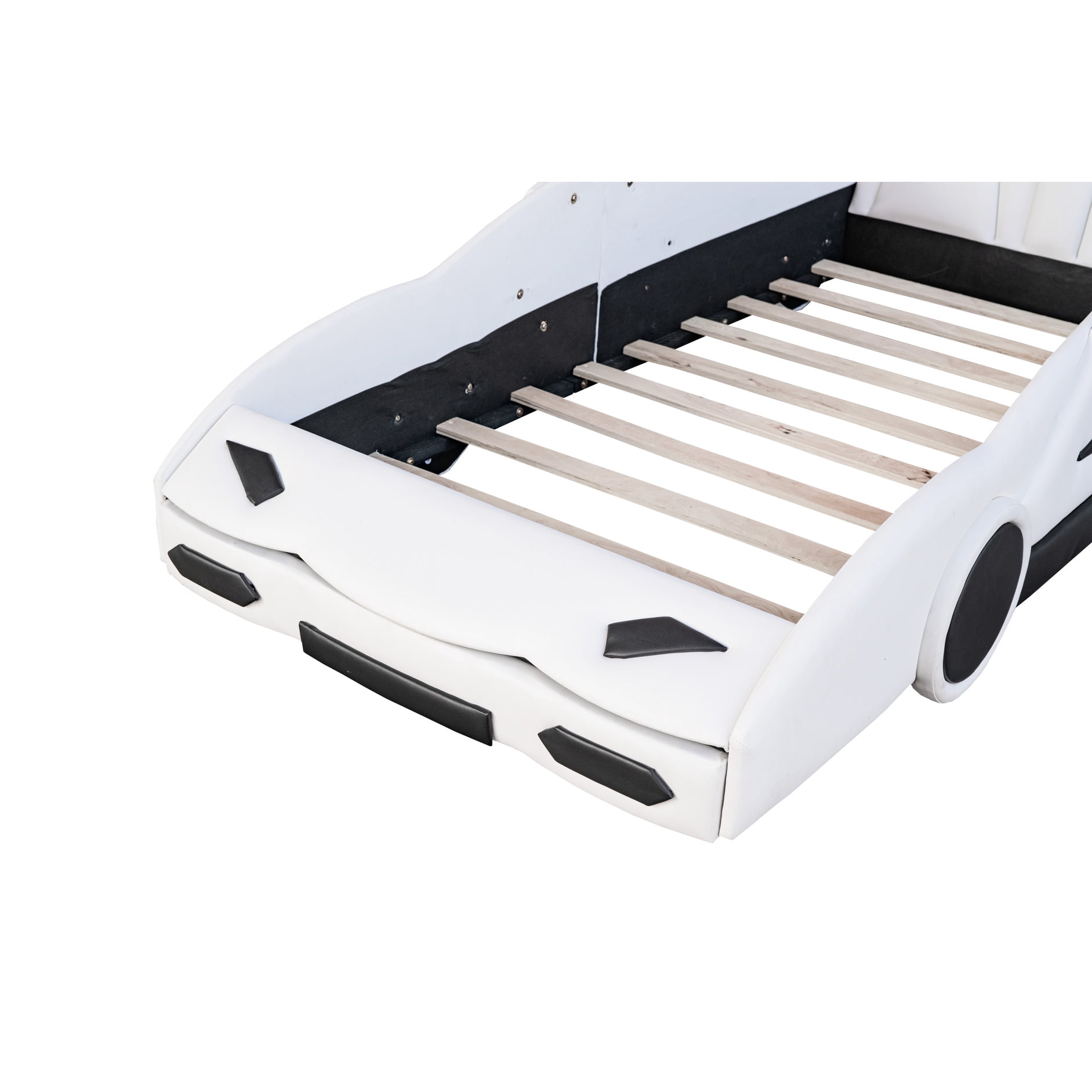 Twin Size Race Car Bed With Wheels, White - And Fashionable Shape Rolling Feature Wheels Guardrails Protected Bedroom Choice