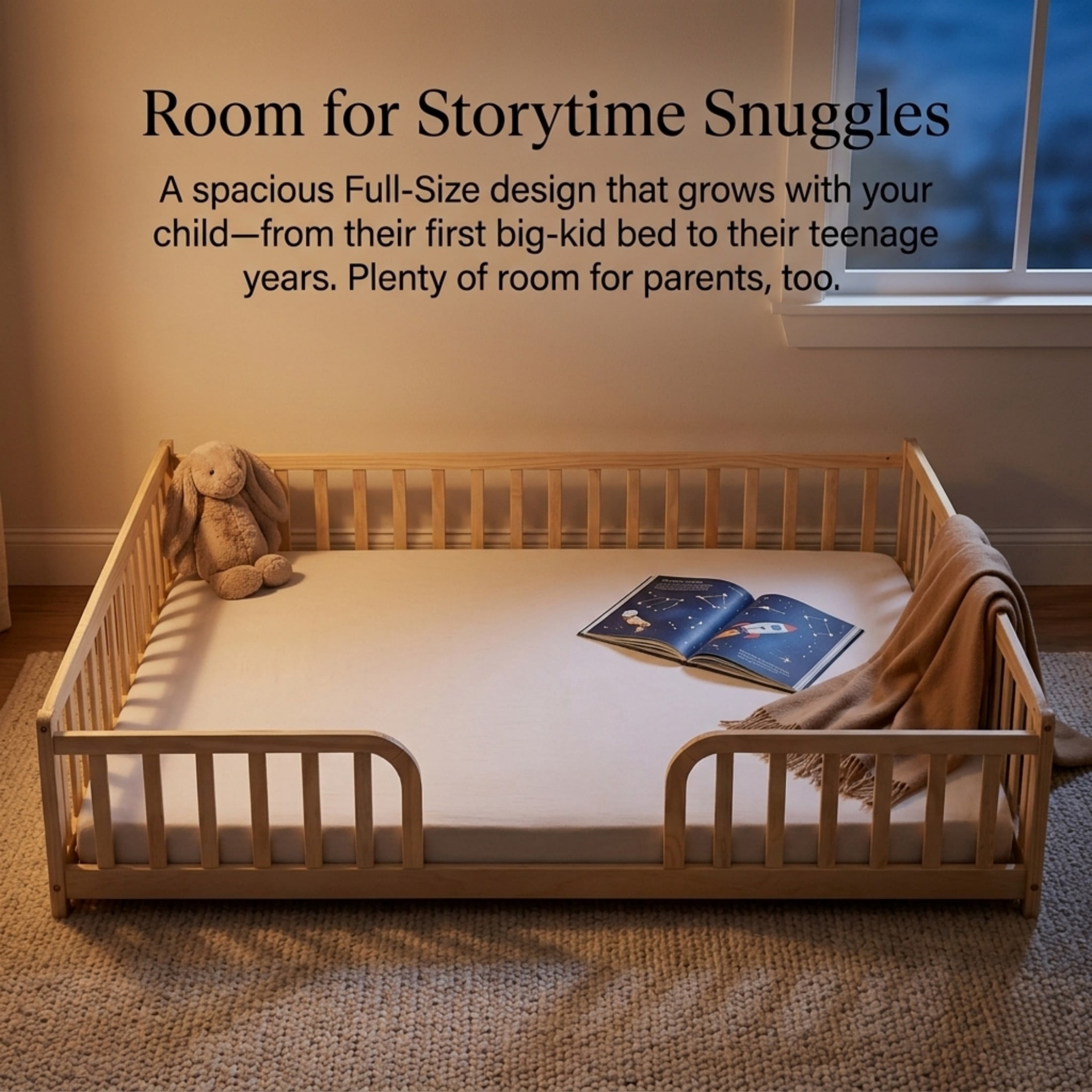 Alvantor Full Size Floor Bed with Entrance and Guardrails – Low Montessori Wood Bed Frame for Toddlers, Natural