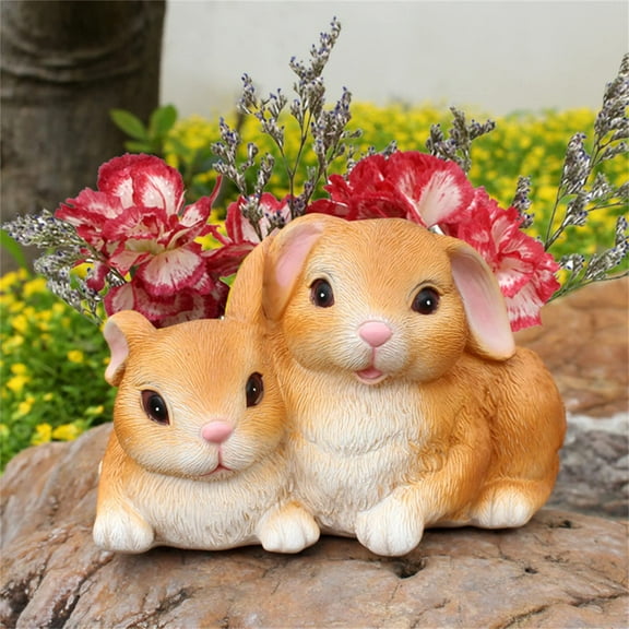 Resin Two Rabbits Shape Succulent Planter, Cute Bunny Flower Pot,Whimsical Fairy Rabbit Planter Pot with Drainage Hole for Easy Planting, Resin Animal Flower Pots for Outdoor Indoor Plants