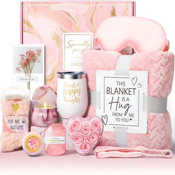 RAGUPEL Birthday Gifts for Women Self Care Gifts Get Well Soon Gifts,Rose Relaxing Spa Gifts Basket Care Package Luxury Flannel Blanket,Unique Christmas Gifts for Mom Her Friend Sister Wife Grandma