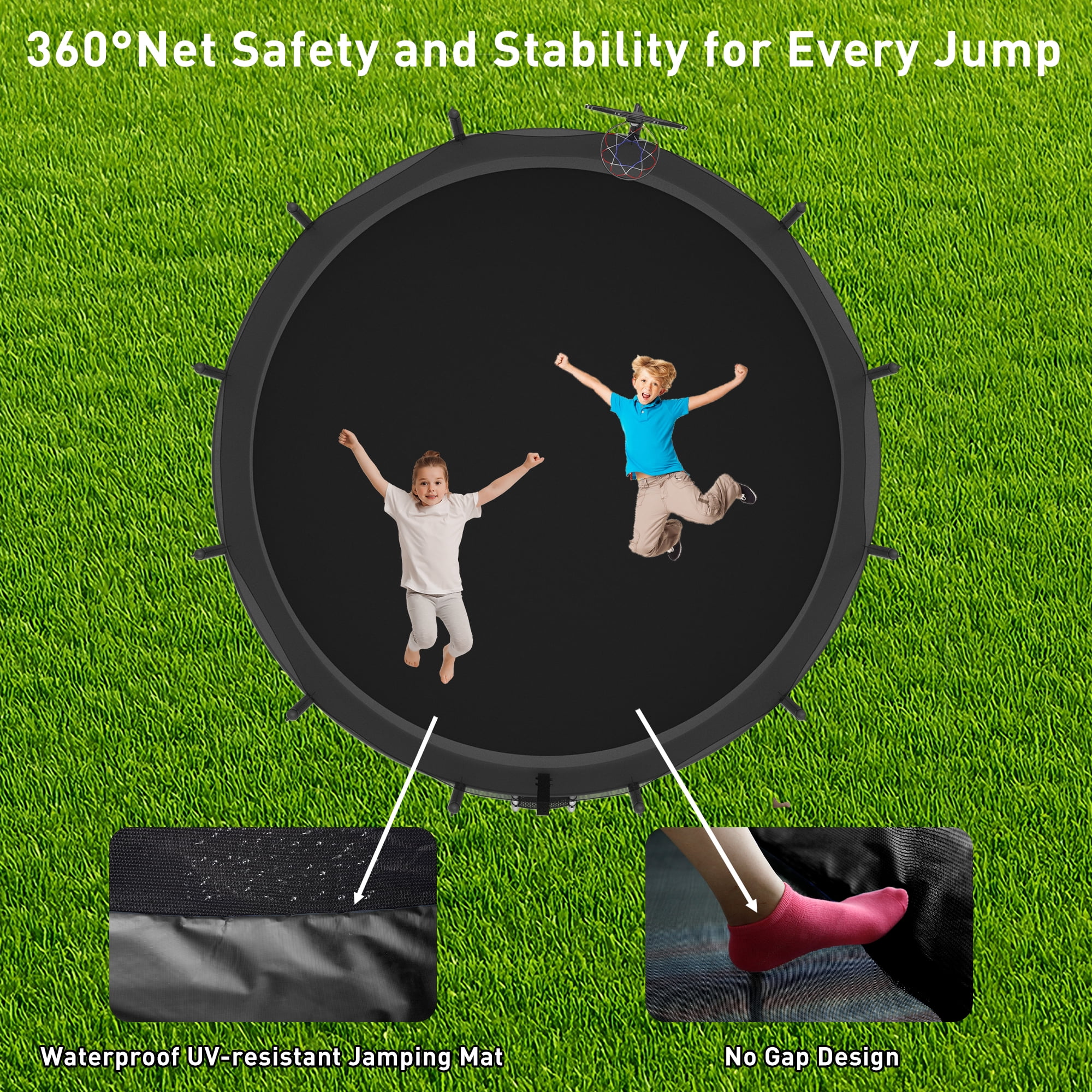 XMIKA 12FT Trampoline with Enclosure Net, 1200LBS Trampolines for Kids and Adults, Outdoor Trampoline with Basketball Hoop, Ladder, Lights and Sprinkler, Backyard Recreational Trampolines, Black