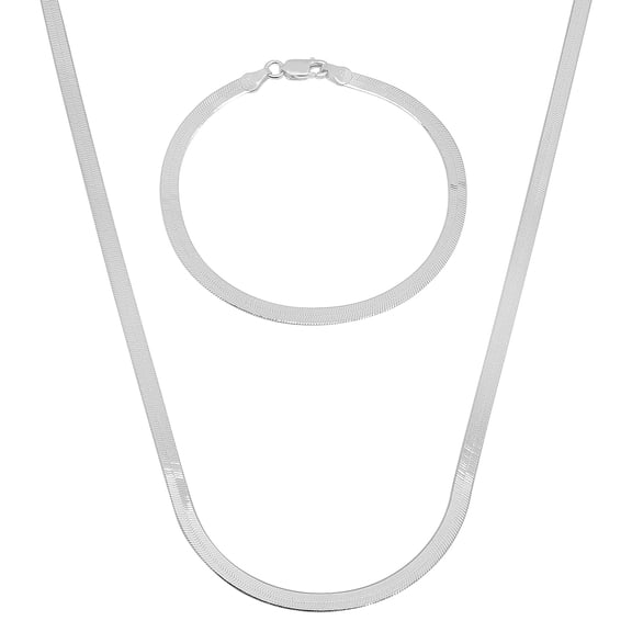 3.3mm Solid .925 Sterling Silver Flat Herringbone Chain Necklace Bracelet Set, 30" (Necklace) 8" (Bracelet)
