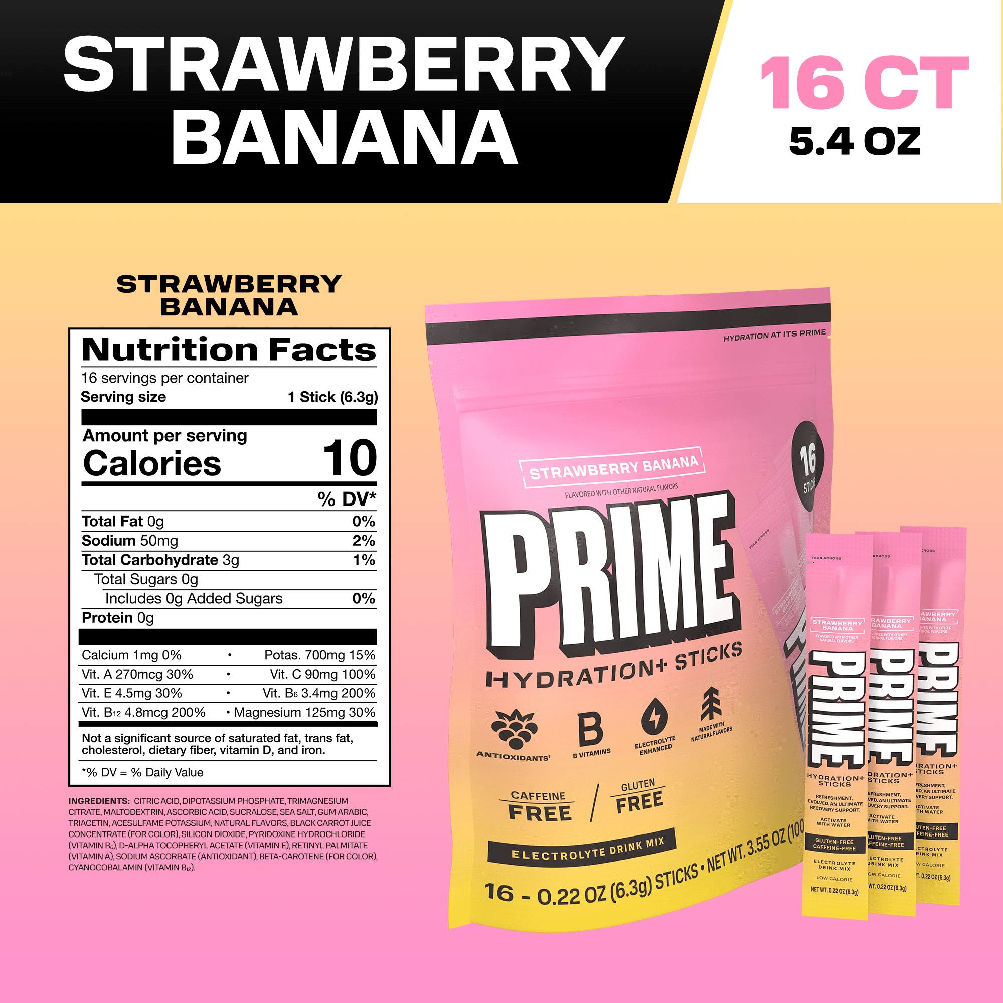 PRIME Hydration+ Strawberry Banana Electrolyte Powder Sticks, Sugar Free, 16 Count