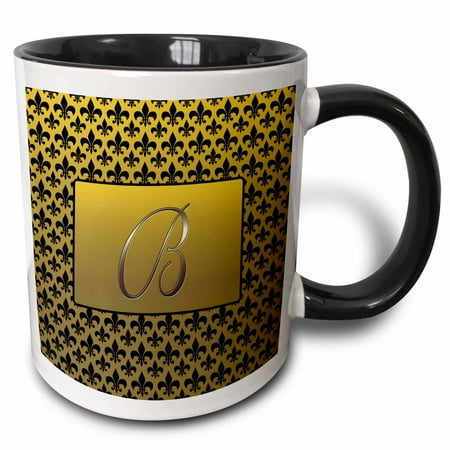 - 3dRose Elegant letter B embossed in gold frame over a black fleur-de-lis pattern on a gold background - Two Tone Black Mug, 11-ounce