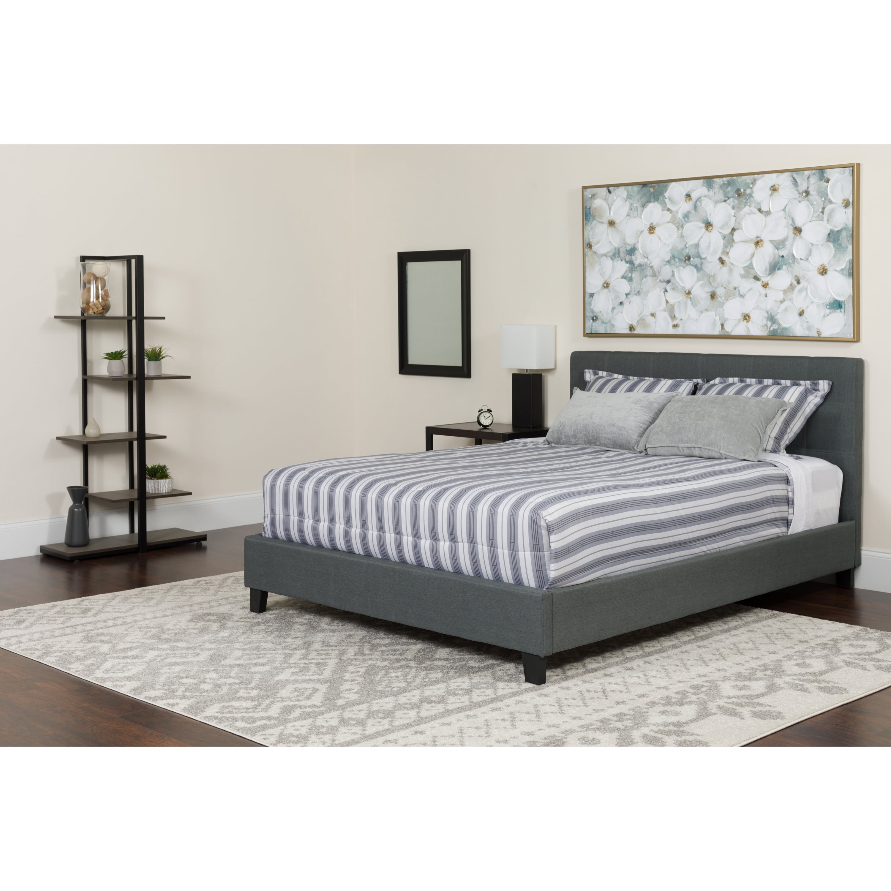 Bed Frame Platform Full Size Upholstered Headboard Bedroom Wood Slat Kit Gray