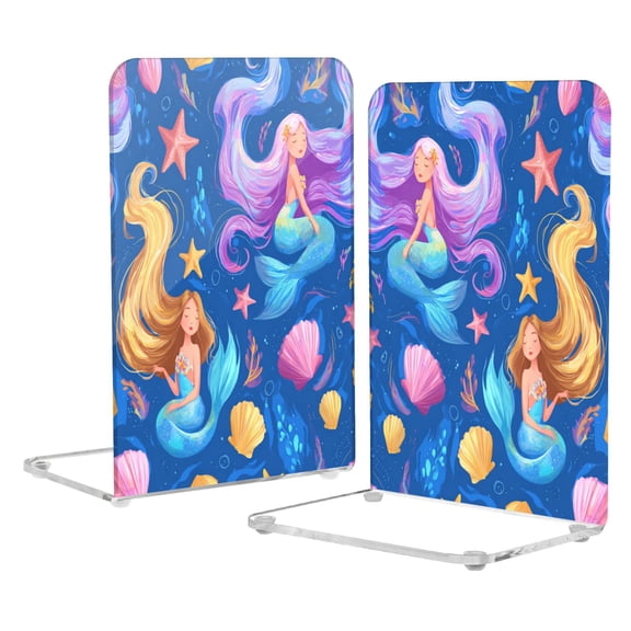 2Pack Acrylic Bookends Clear L-Shaped Book Holders with Non-Slip Pads Sturdy Durable Book Stoppers for Shelves, Office, School, Library, Home Desk Decor Elegant Two Mermaids