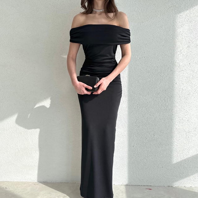 Vestido Amoldeado Al Cuerpo Vestido ajustado para mujer Vestido con hombros descubiertos con pliegues Traje de vacaciones sin espalda ajustado Cgtredaw Negro L para Mujer