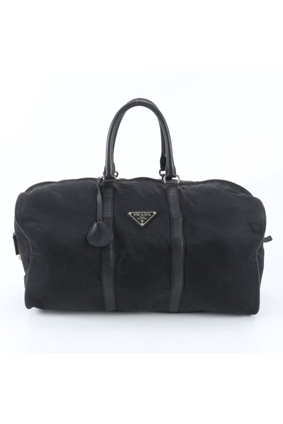 Pre-Owned Prada Tessuto Nylon Triangle Logo Leather Boston Handbag Tote Bag Black Men's