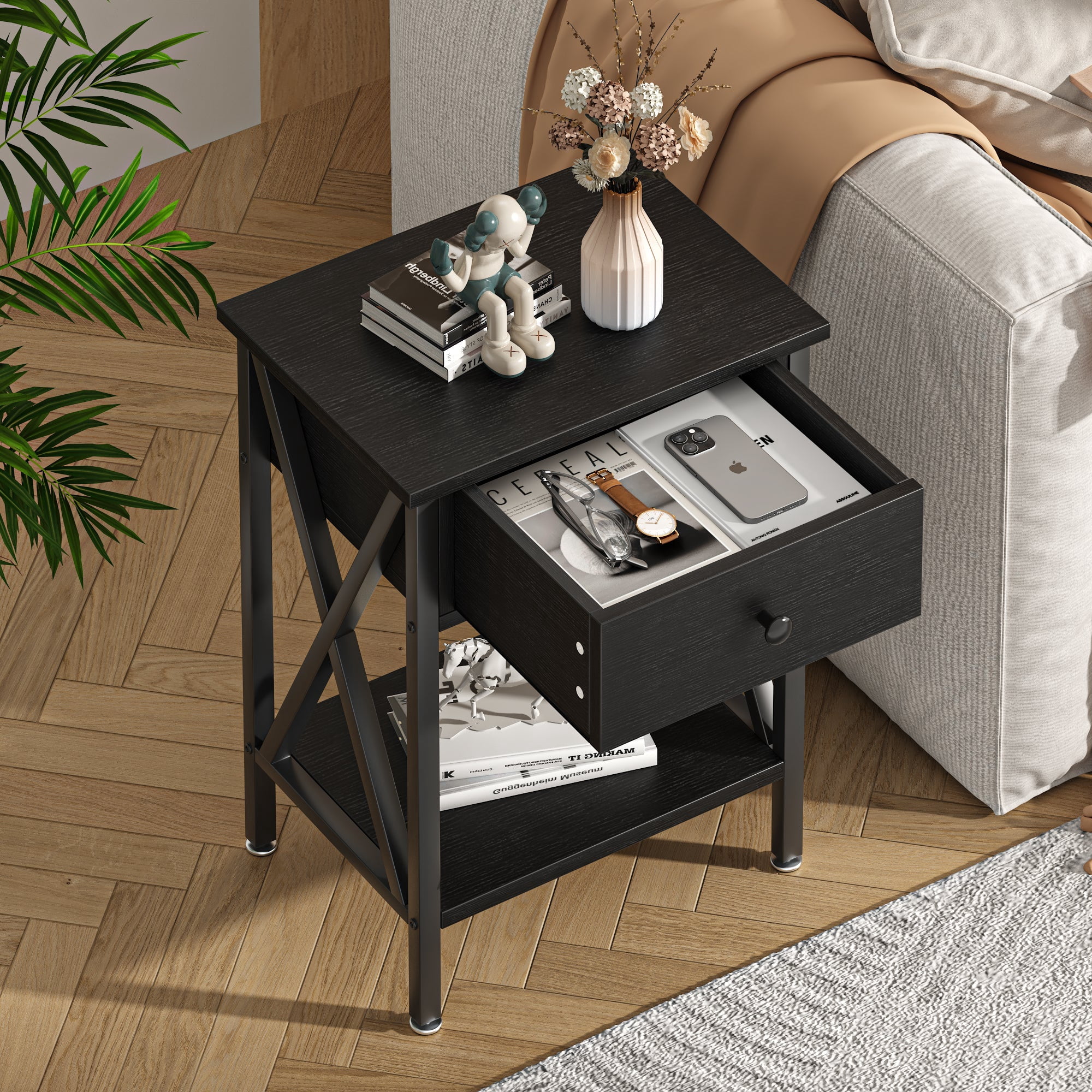 VECELO Nightstands Set of 2, Industrial End Table with 1-Drawer & Storage Shelf, Small Bedside Table Organizer for Small Space, Side Table for Bedroom Living Room, Black