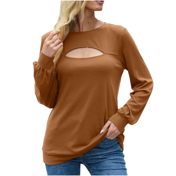 Chbgutlmr Long Sleeve Shirts for Women Crewneck Cutout Loose Fitted Blouses Solid Color Tops Fashion