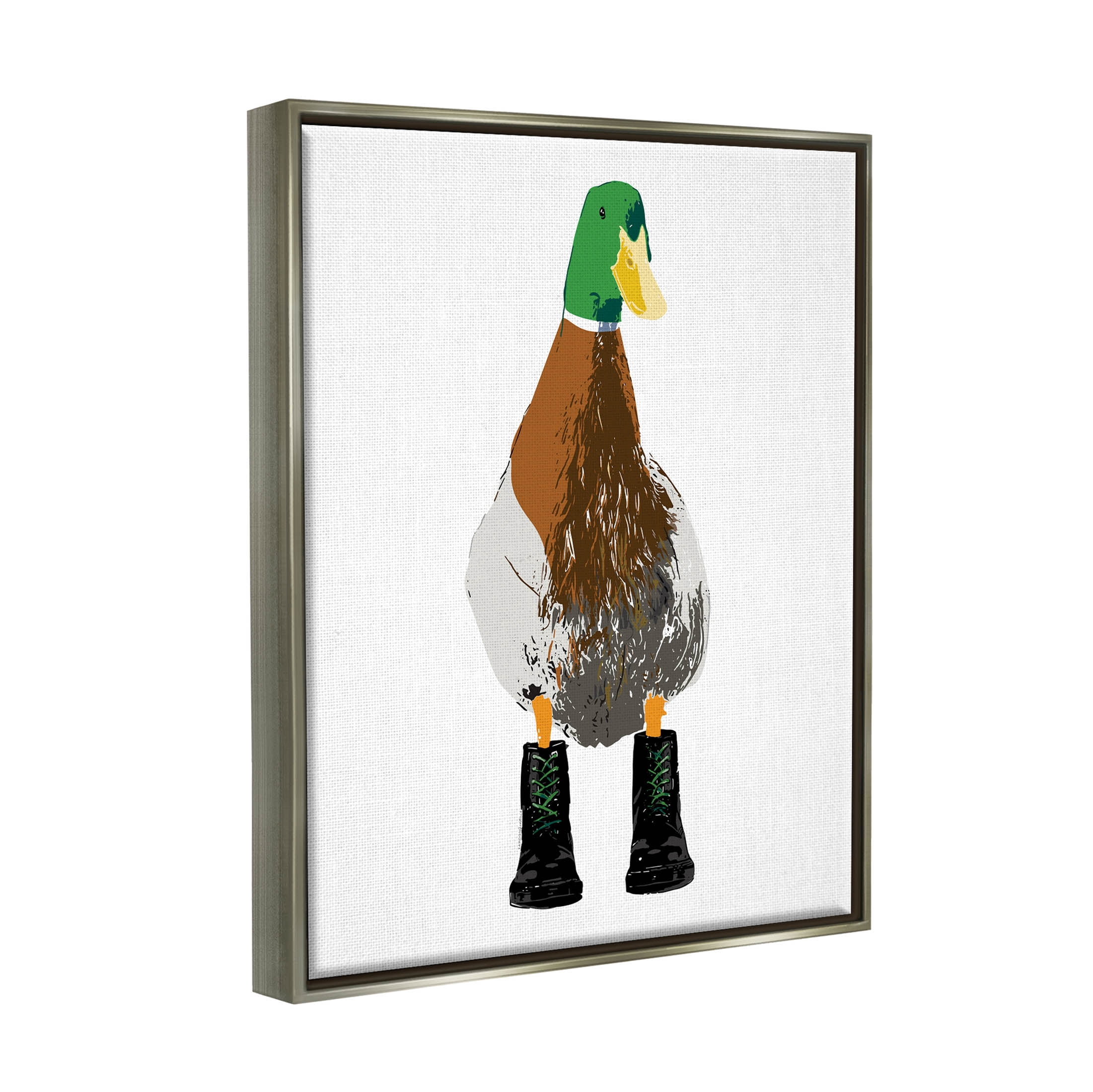 Stupell Industries Mallard Duck Wearing Boots Portrait Graphic Art Luster Gray Floating Framed Canvas Print Wall Art, Design by Kamdon Kreations