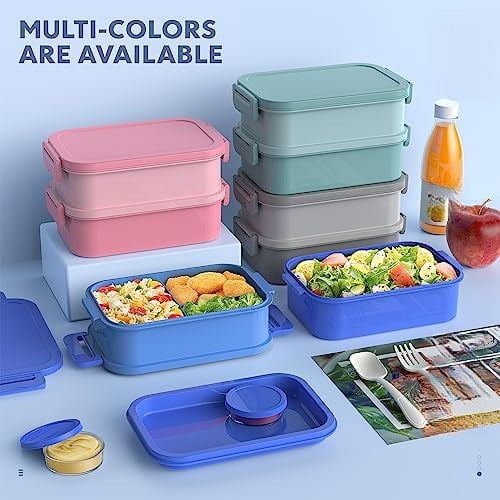Adult Bento Lunch Box - 3 Layers Stackable Bento Lunch Box for Adults, 72oz Large All-in-One Bento Box Leak-Proof Lunch boxes with Utensil Sauce Containers, Ideal for Dining Out,Work, Blue