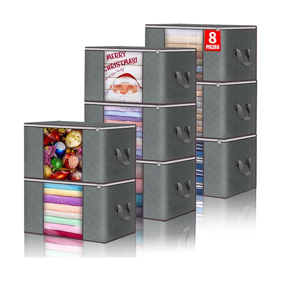 Bolsa de Almacenamiento de Ropa de Gran Capacidad 8PCS,Cajas Almacenaje Ropa con Asa Reforzada,Tela Gruesa y Cremallera Sólidas,Transparente y Visible,Organizador de Transpirable para Edred