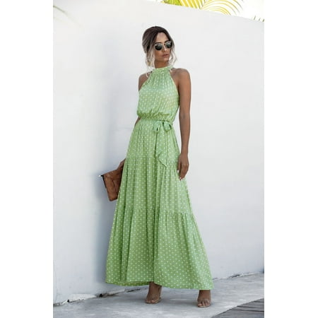 Mengpipi Summer Halter Dresses for Women 2022 High Waist Sleeveless Maxi Dress Sundress with Belt, Green-XL(US 12)